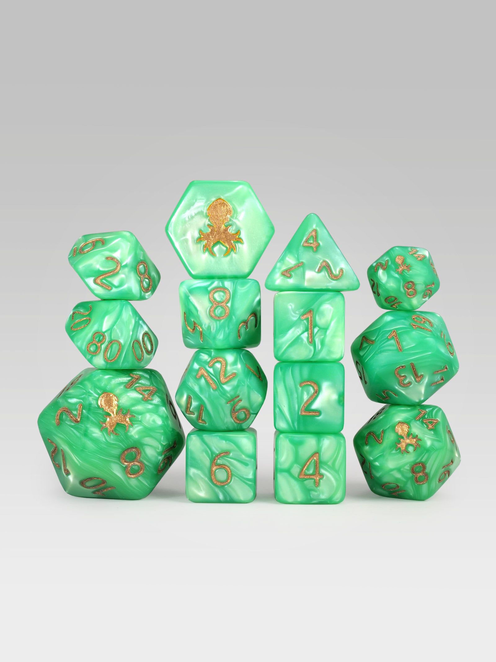 Kraken's Signature Green 14pc Dice Set inked in Gold